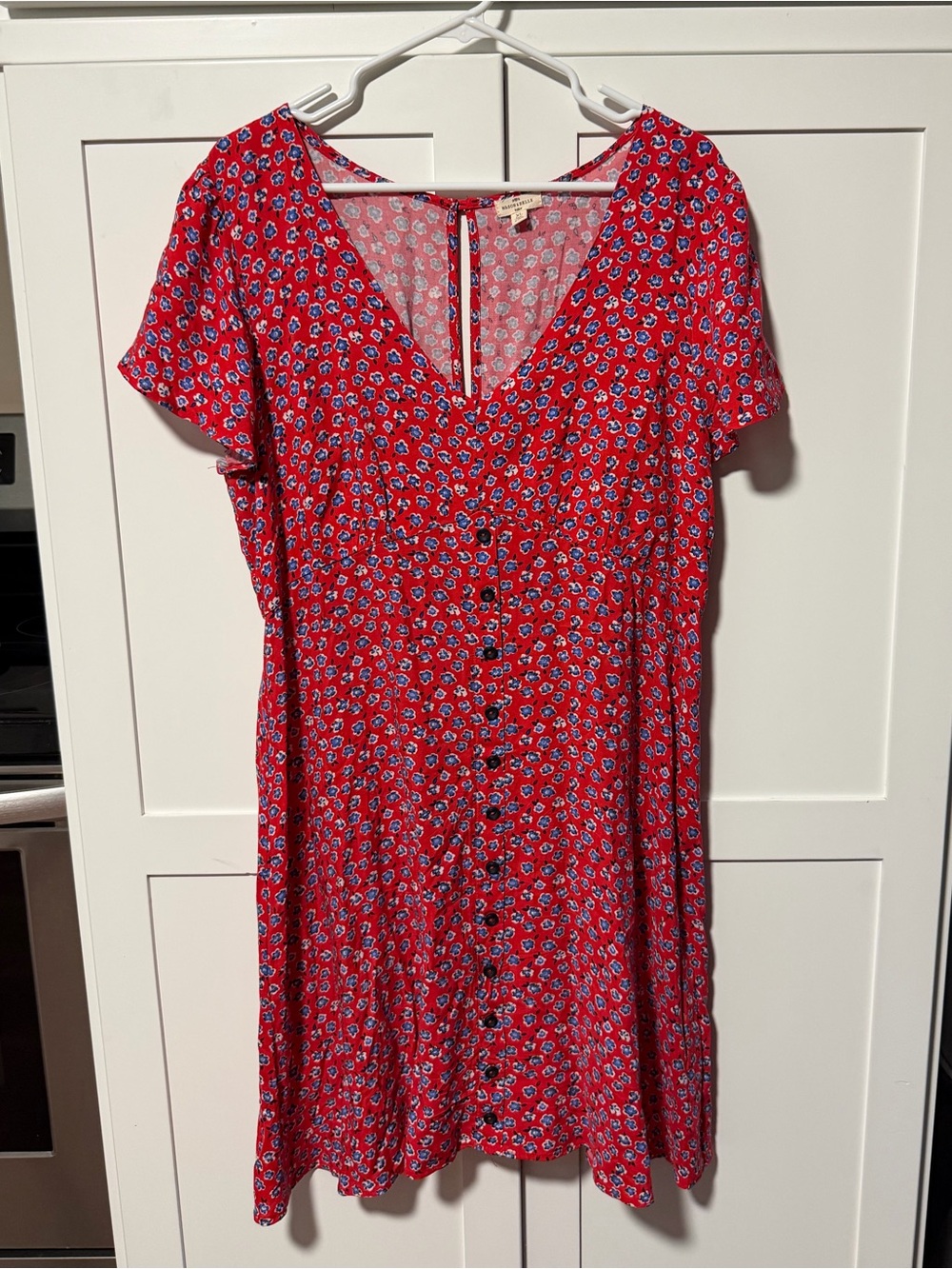 mason & belle Red Floral V-Neck Midi Dress with Button Front